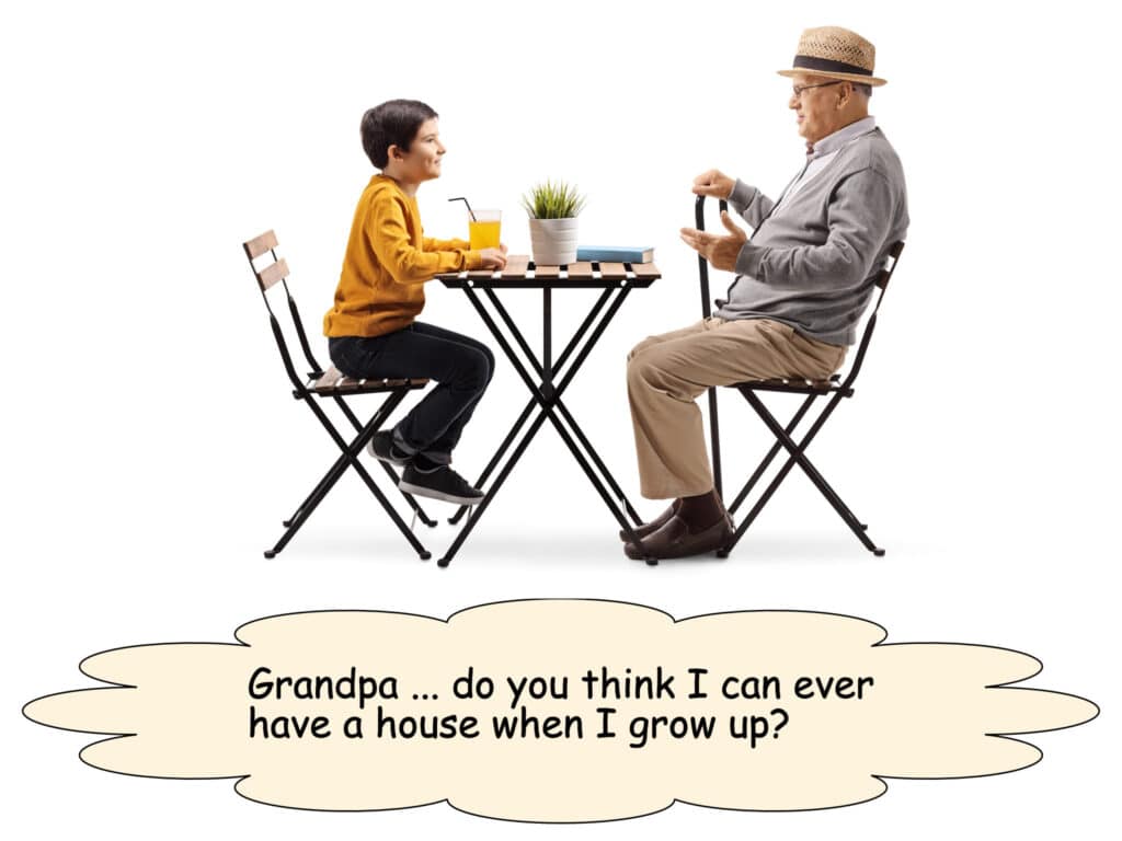 Boy discussing possibility of ever having a house. Speech bubbles are declared in the ACCESS text box.