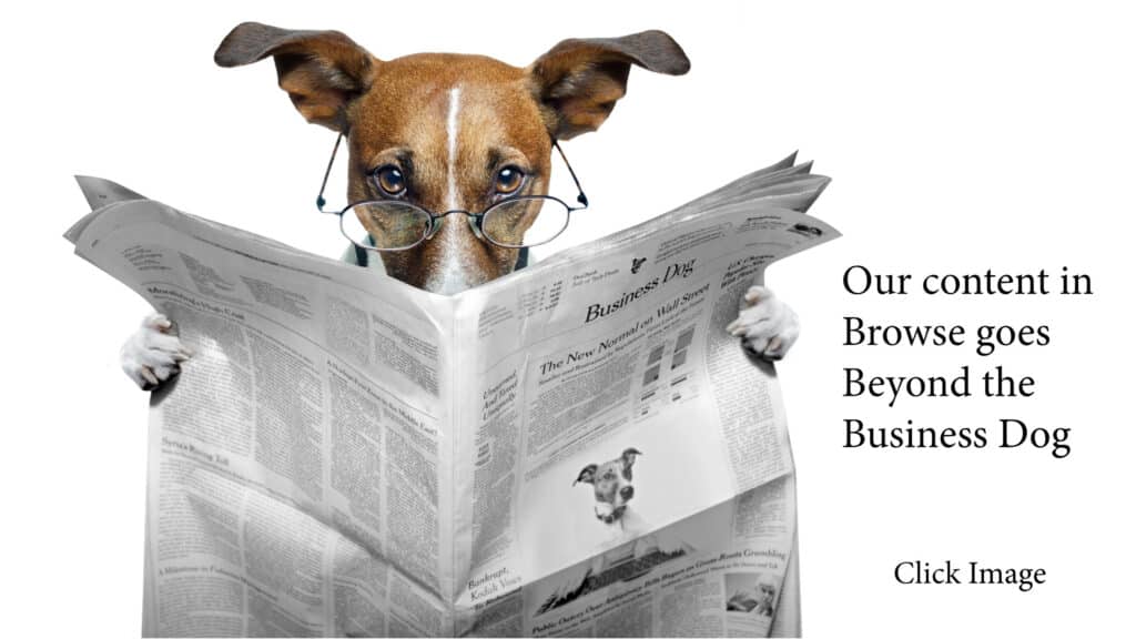Dog reading the Business Dog newspaper with our caption: our Browse goes beyond the newspaper.
