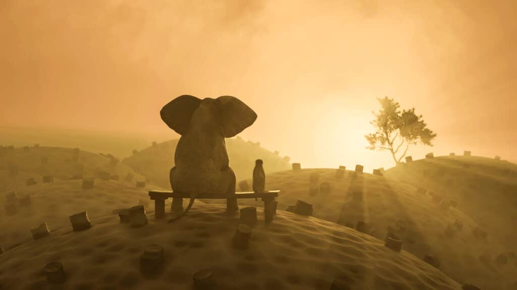 Fantasy elephant and dog looking over devastated burned area