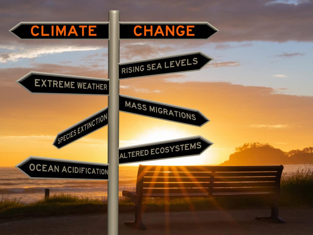 Climate change sign showing implications