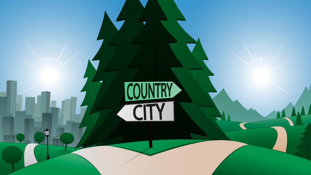 Illustration of fork in the road with a city and a country branch. Poses the question in Destinations: which one?