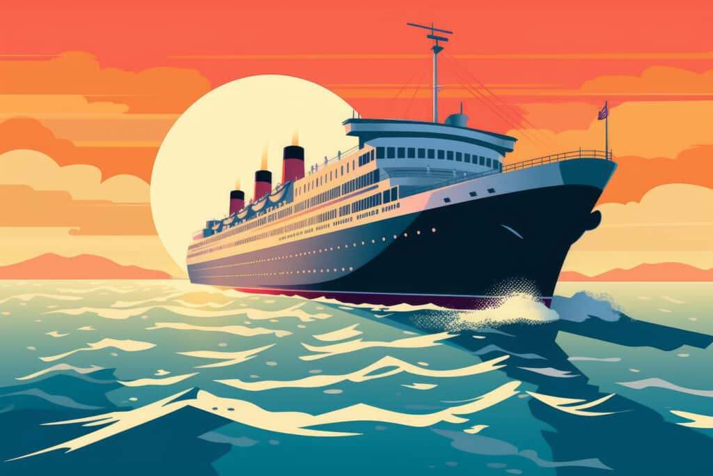 Artist's illustration of an older cruise ship headed to a destination amid sunset skies.
