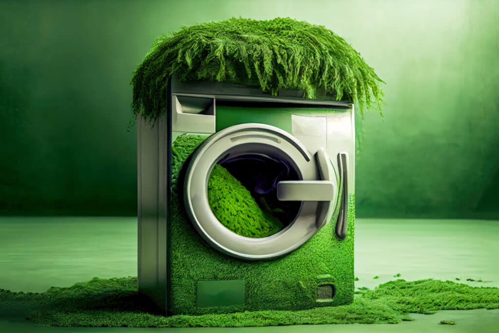 Washing machine full of green material signifying corporate greenwashing