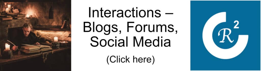 Interactions page link - image and text showing historical scribe and our logo