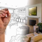 Interior design concept showing involvement of the designer-architect with a floating sketching hand and the aesthetic outcome.