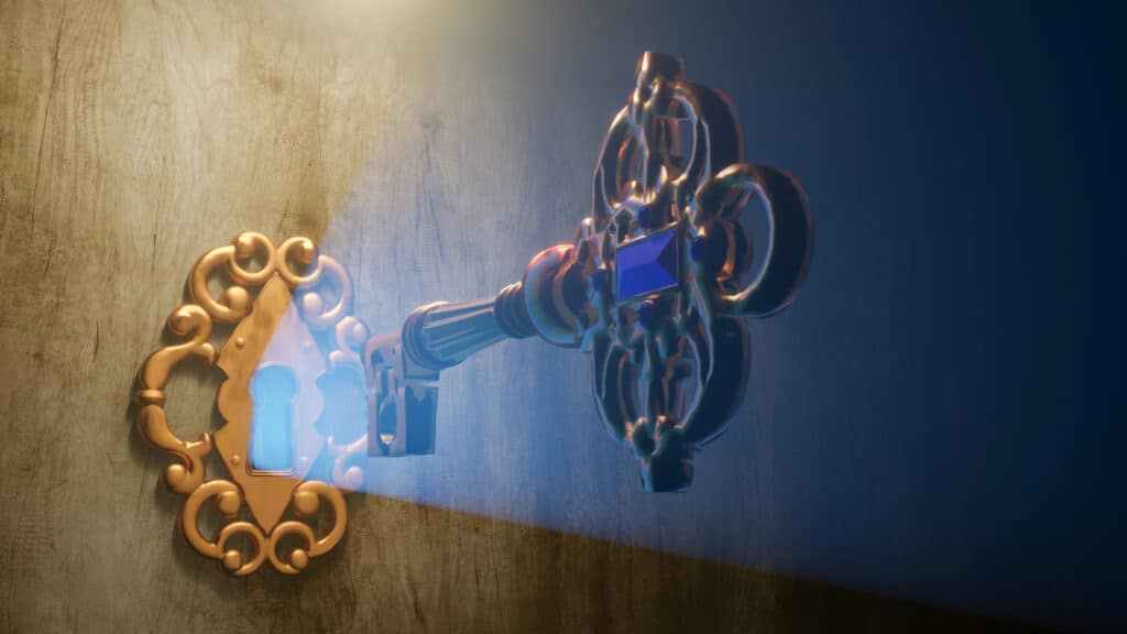 Fantasy key lock emitting blue light with vintage key going in