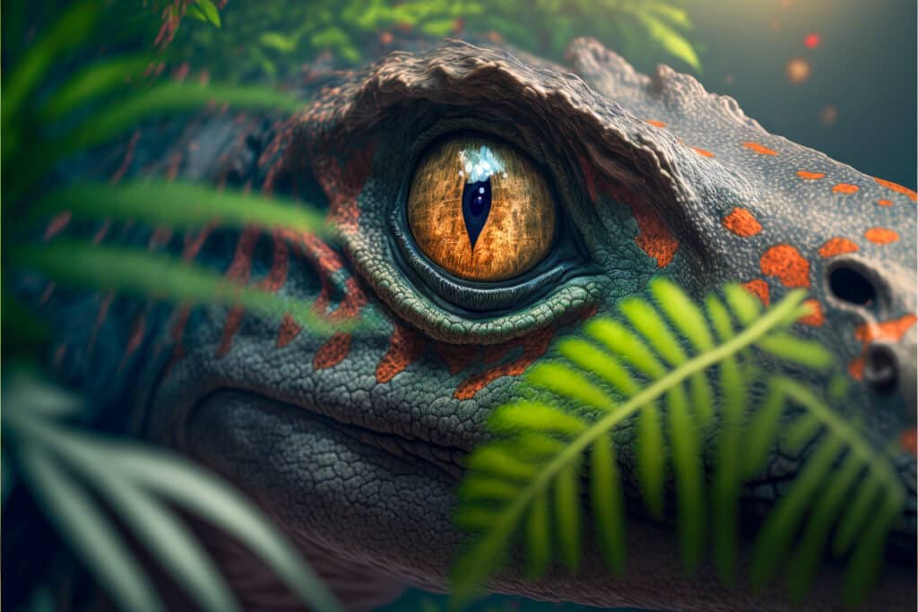 One eye of an alligator-like creature surveying the swamp