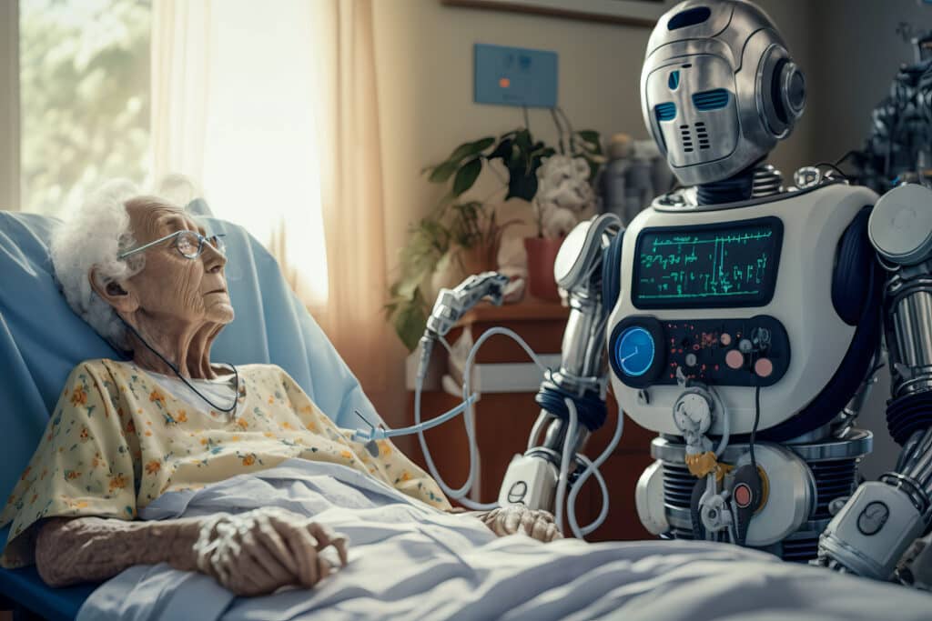 A robotic care aide for a senior in a bed