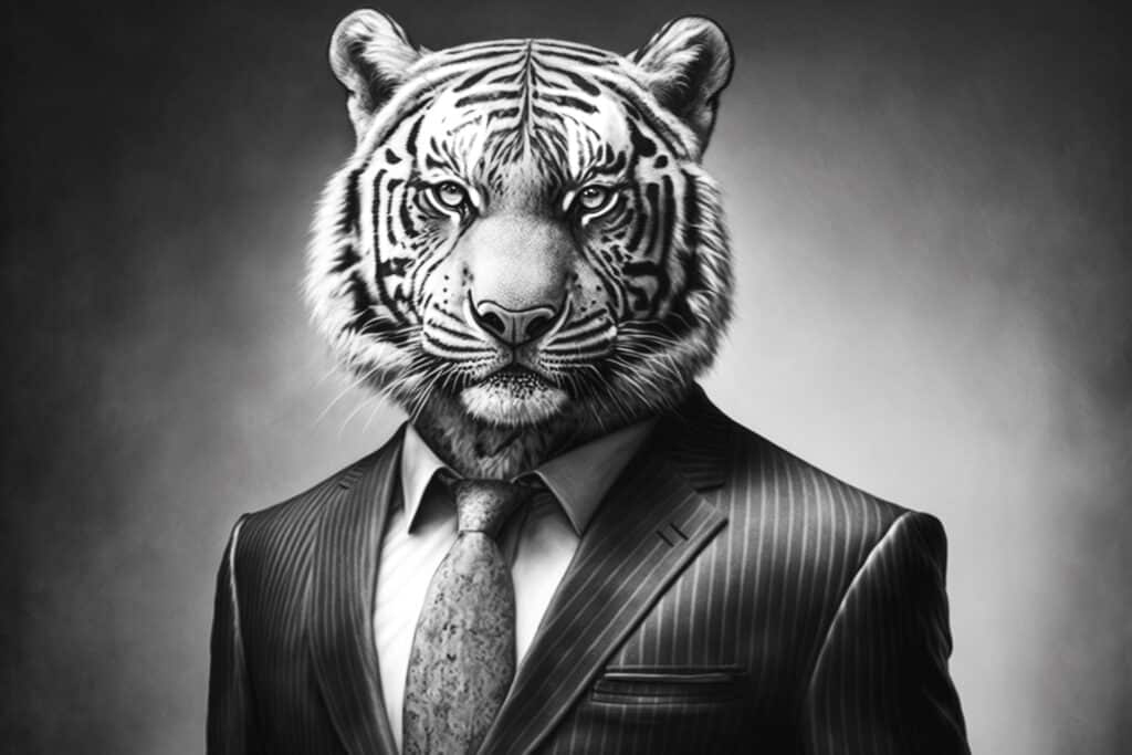 Black and white photo of a tiger in a business suit
