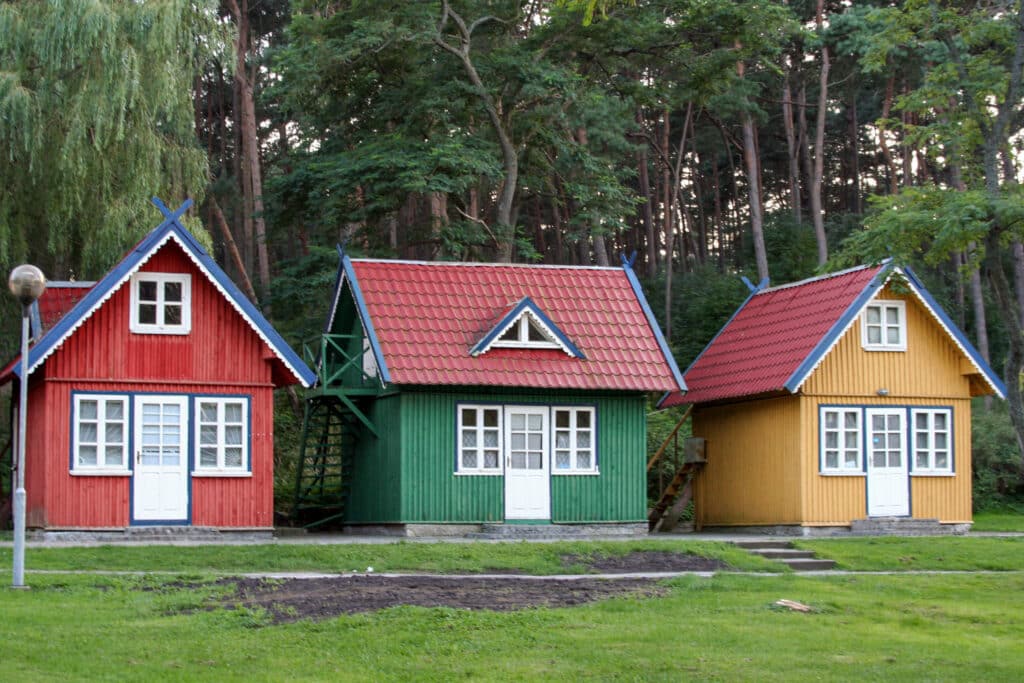 Front shot of several tiny houses in a row