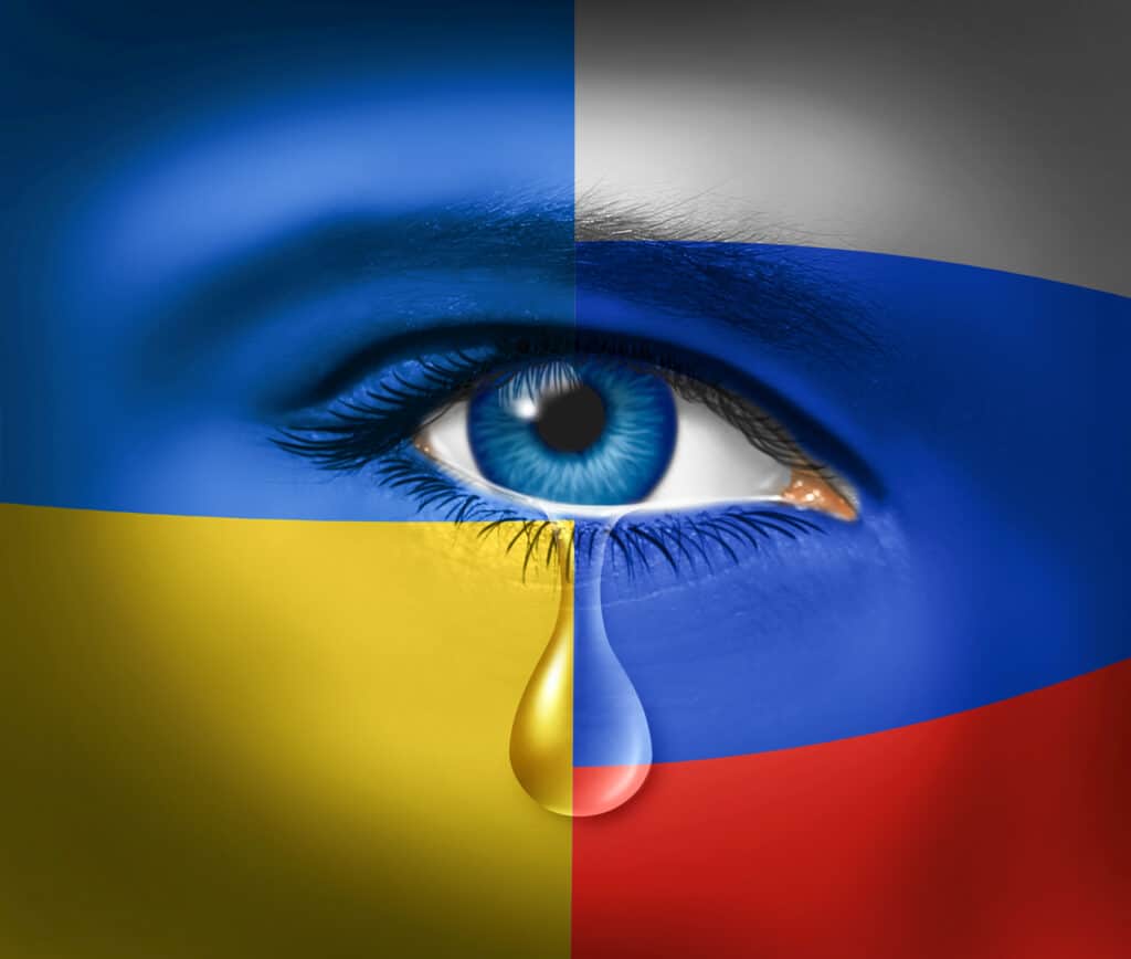 Weeping eye surrounded by colors of Ukraine