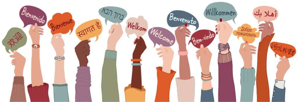 Artist's illustration showing multiple up-stretched arms holding the word, Welcome, in many languages. Colors suggest various countries.