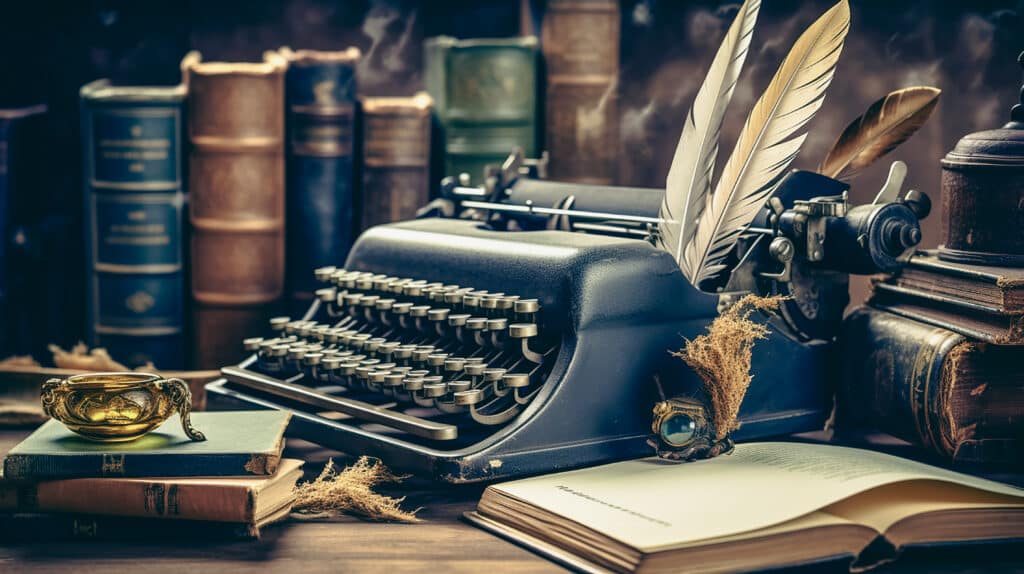 Old writer's typewriter and books. Writer's desk implied.