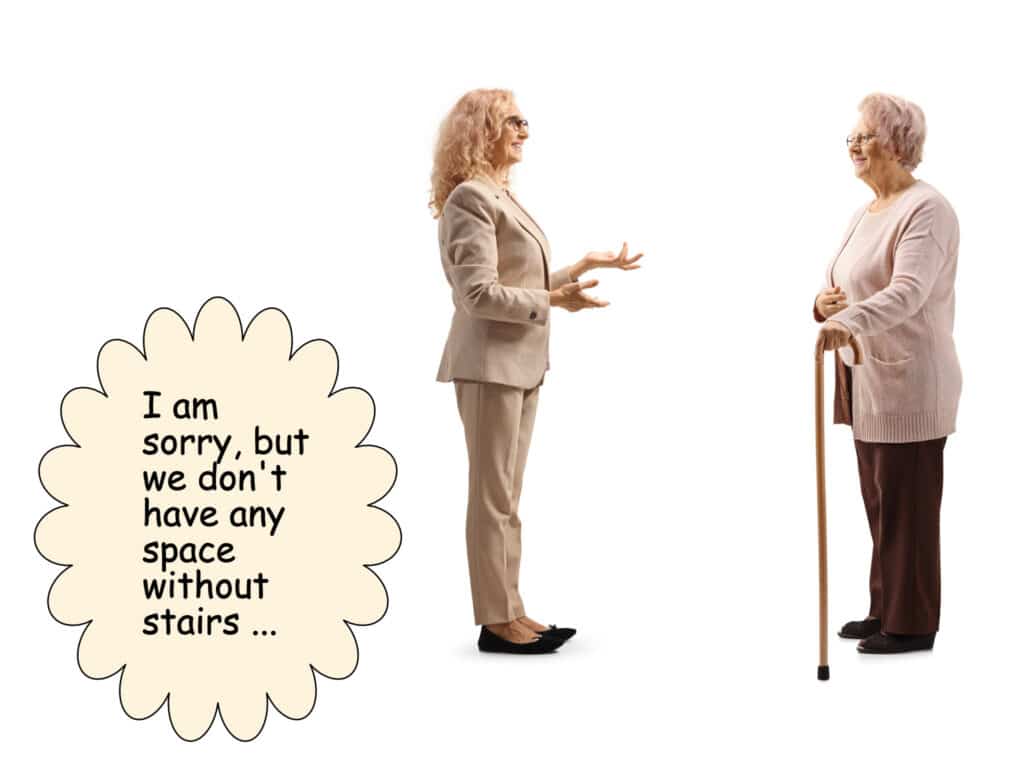 Two women discussing problems of no available housing without stairs. Speech bubbles are declared in the ACCESS text box.