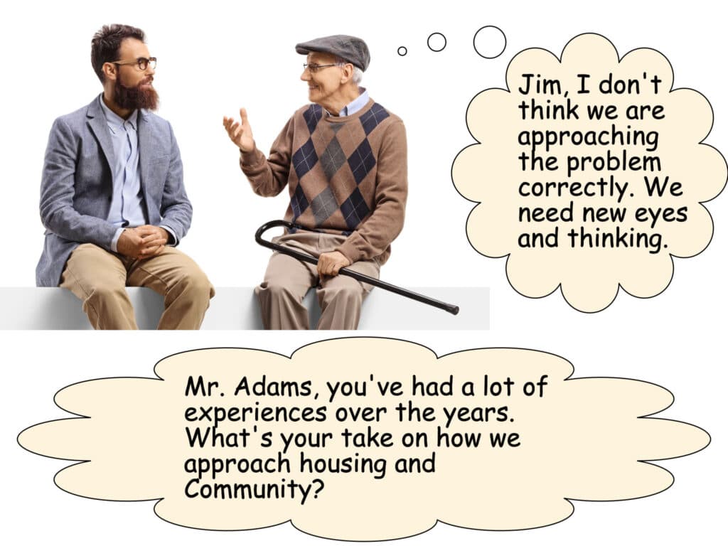 Older man speaking with younger man. Speech bubbles are declared in the ACCESS text box.