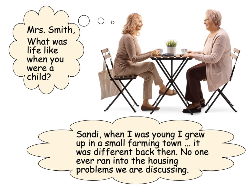 Two women discussing housing over coffee. Speech bubbles are declared in the ACCESS text box.